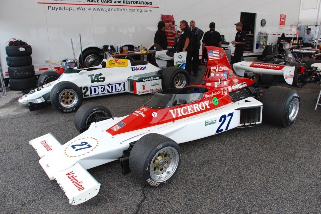 In the paddock with the cars on display. The 1974 Parnelli VPJ-4 of John McKenna (Auburn, WA) #27, and the 1983 Williams FW08 of Cal Meeker (British Columbia, Canada) #42.
